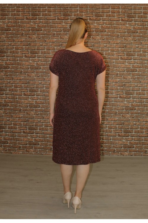 Nidya Moda Büyük Beden Kadın Bronz Simli Örme Vako Abiye Elbise-4035ABR