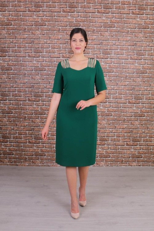 Nidya Moda Büyük Beden Kadın Yeşil Omuz Taşlı Şeritli Krep Abiye Elbise-4155AY