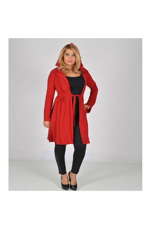 Nidya Moda Büyük Beden Kadın Kırmızı Kapşonlu Kuşaklı Sandy Spor Ceket-1016SK Nidya Moda Büyük Beden Kadın Kırmızı Kapşonlu Kuşaklı Sandy Spor Ceket-1016SK