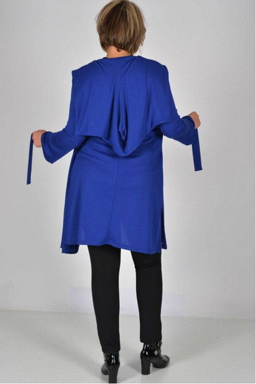 Nidya Moda Büyük Beden  Kadın Saks Kapşonlu Kuşaklı Spor Ceket-1016ÇSX