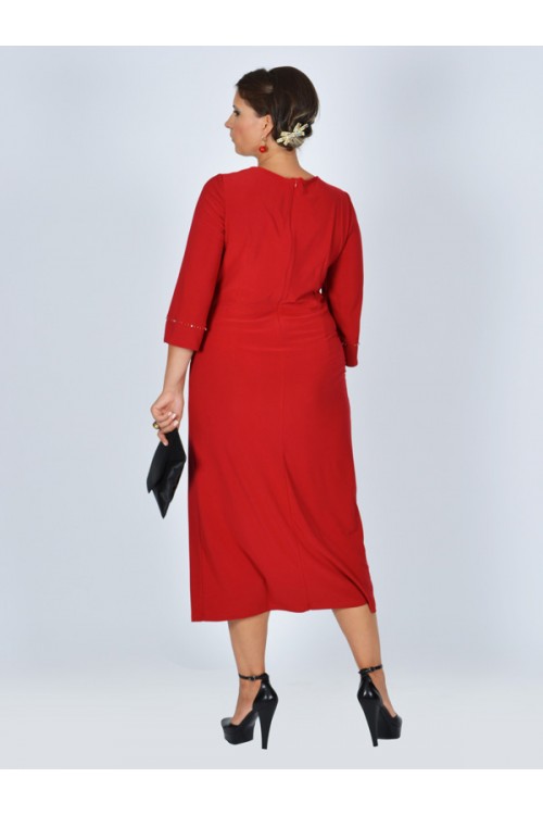 Nidya Moda Büyük Beden Kadın Kırmızı  Roba Dantel Kol Taş İşli Sandy Abiye Elbise-4025AK