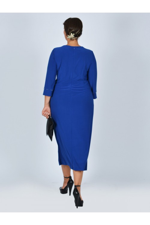 Nidya Moda Büyük Beden Kadın Saks Roba Dantel Kol Taş İşli Sandy  Abiye Elbise-4025ASX