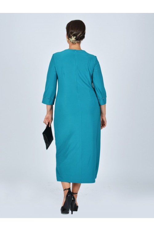 Nidya Moda Büyük Beden Kadın Turkuaz Roba Dantel Kol  Taş İşli Sandy  Abiye Elbise-4025AT