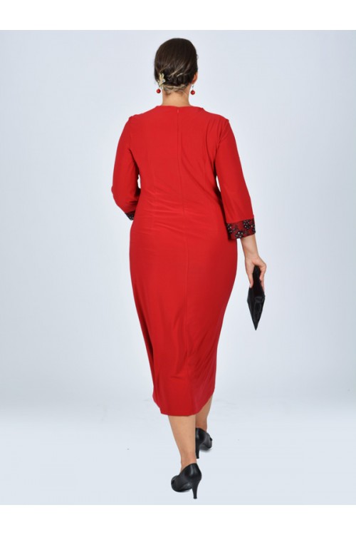 Nidya Moda Büyük Beden Kadın Kırmızı  V Bant Roba Kol  Dantel Kombin Taş İşli  Sandy  Abiye Elbise-4025K