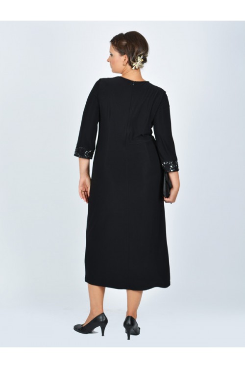 Nidya Moda Büyük Beden Kadın Siyah V Bant  Roba Kol Dantel Kombin Taş İşli Sandy Abiye Elbise-4025S