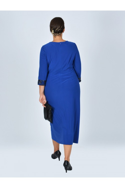 Nidya Moda Büyük Beden Kadın Saks V Bantlı  Roba Kol Dantel  Taş İşli Sandy Abiye Elbise-4025SX