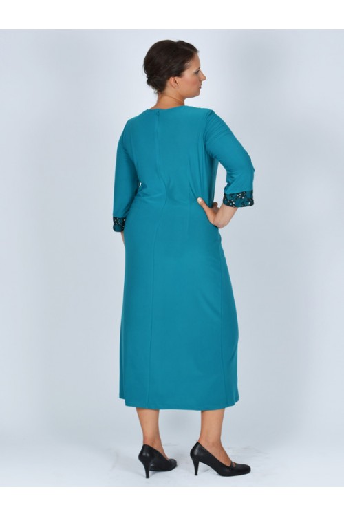 Nidya Moda Büyük Beden Kadın Turkuaz V Bant Roba Kol Dantel Kombin Taş İşli Sandy  Abiye Elbise-4025T