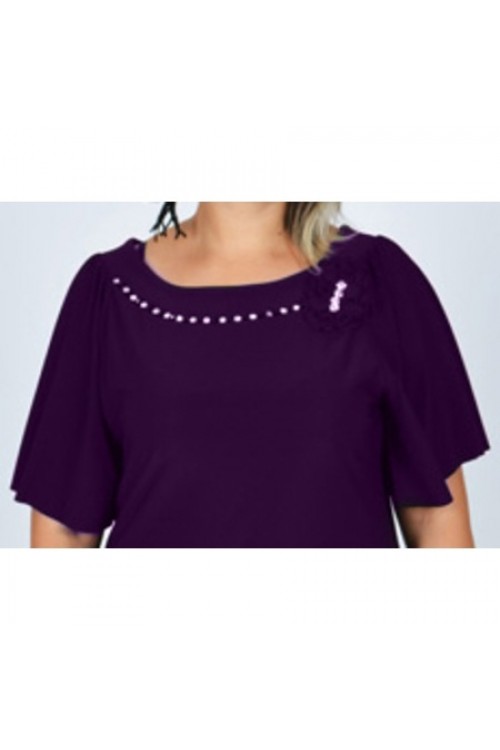 Nidya Moda Büyük Beden Kadın Mürdüm Yaka Taşlı Çiçek Aksesuar Sandy Abiye Elbise-4026M