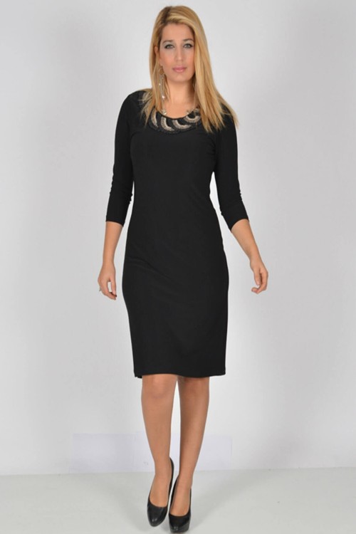 Nidya Moda Büyük Beden Kadın Siyah Taşlı Yuvarlak Yaka  Sandy Abiye Elbise-4040S
