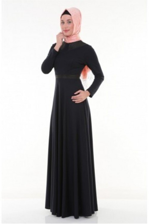 Nidya Moda Tesettür Kadın Lacivert Yaka Kemer Derili Örme Abiye Elbise-4041TL
