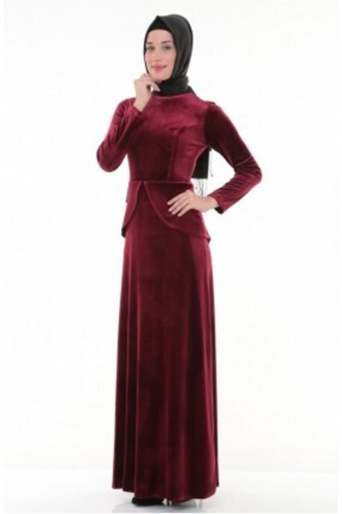 Nidya Moda Tesettür Kadın Bordo Peplumlu Kadife Abiye Elbise-4044TB