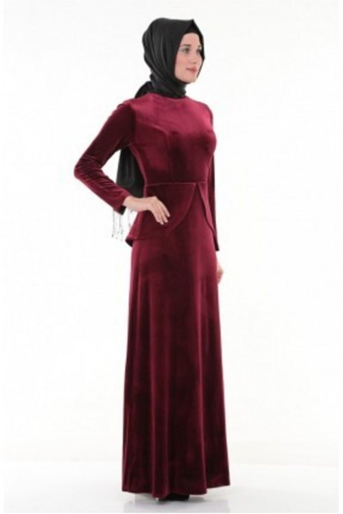 Nidya Moda Tesettür Kadın Bordo Peplumlu Kadife Abiye Elbise-4044TB Nidya Moda Tesettür Kadın Bordo Peplumlu Kadife Abiye Elbise-4044TB