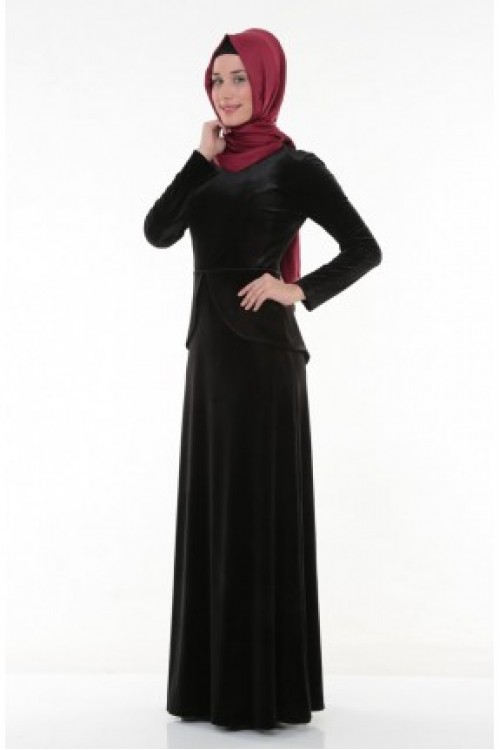 Nidya Moda Tesettür Kadın Siyah Peplumlu Kadife Abiye Elbise-4044TS Nidya Moda Tesettür Kadın Siyah Peplumlu Kadife Abiye Elbise-4044TS