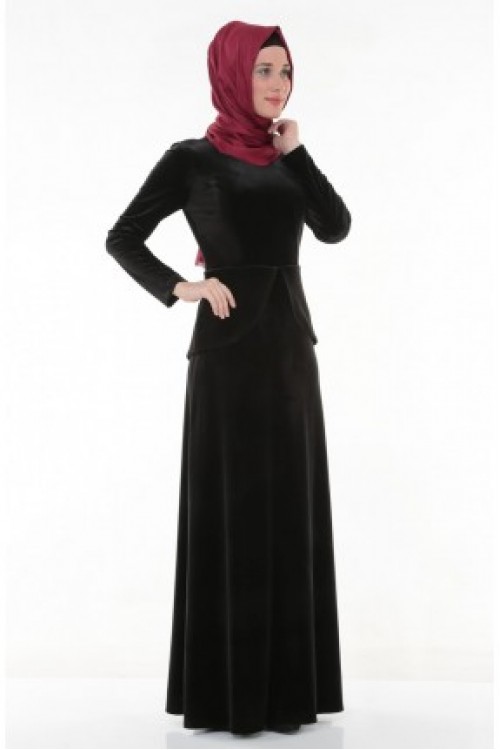 Nidya Moda Tesettür Kadın Siyah Peplumlu Kadife Abiye Elbise-4044TS