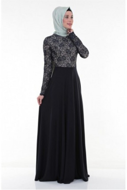 Nidya Moda Tesettür Kadın Lacivert Üst Dantel Örme Abiye Elbise-4045TL