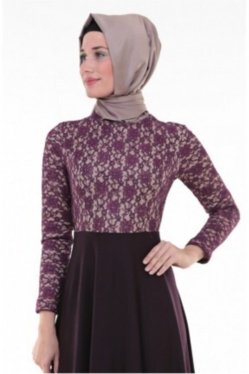Nidya Moda Tesettür Kadın Mürdüm Üst Dantel Örme  Abiye Elbise-4045TM Nidya Moda Tesettür Kadın Mürdüm Üst Dantel Örme  Abiye Elbise-4045TM