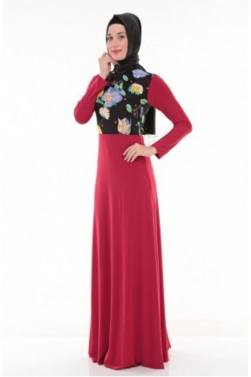 Nidya Moda Tesettür Kadın Kırmızı Üst Vual Çiçekli Sandy Abiye Elbise-4046TK