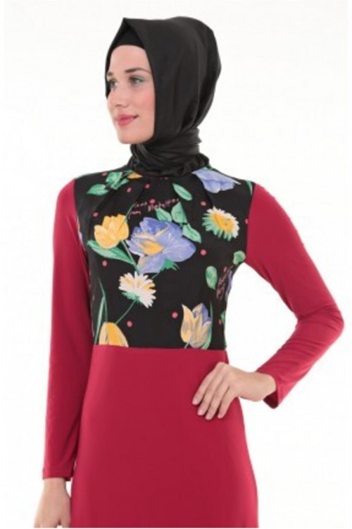 Nidya Moda Tesettür Kadın Kırmızı Üst Vual Çiçekli Sandy Abiye Elbise-4046TK