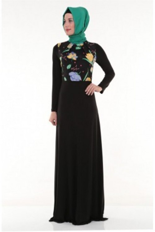 Nidya Moda Tesettür Kadın Siyah Üst Çiçekli Sandy Abiye Elbise-4046TS