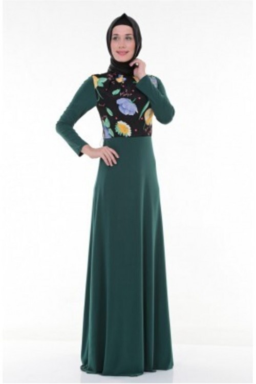 Nidya Moda Tesettür Kadın Yeşil Üst Çiçekli Sandy Abiye Elbise-4046TY