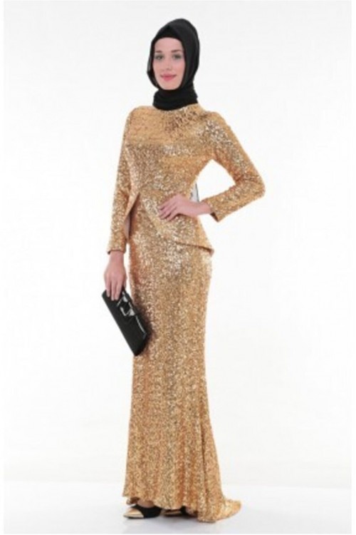 Nidya Moda Tesettür Kadın Gold Peplumlu  Balık Pullu Payet Abiye Elbise-4047TD