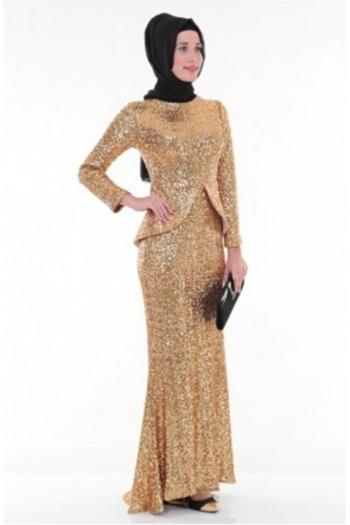Nidya Moda Tesettür Kadın Gold Peplumlu  Balık Pullu Payet Abiye Elbise-4047TD Nidya Moda Tesettür Kadın Gold Peplumlu  Balık Pullu Payet Abiye Elbise-4047TD
