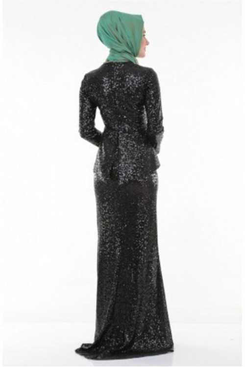 Nidya Moda Tesettür Kadın Siyah Peplumlu Pullu Payet Balık Abiye Elbise-4047TS Nidya Moda Tesettür Kadın Siyah Peplumlu Pullu Payet Balık Abiye Elbise-4047TS