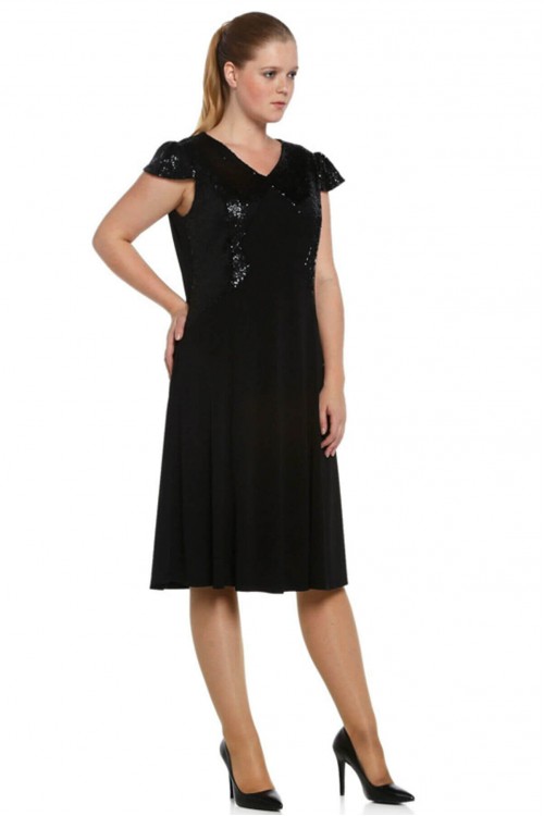 Nidya Moda Büyük Beden Kadın Siyah Roba Kol  Pulllu Payet Kombin Krep  Abiye Elbise-4061S Nidya Moda Büyük Beden Kadın Siyah Roba Kol  Pulllu Payet Kombin Krep  Abiye Elbise-4061S