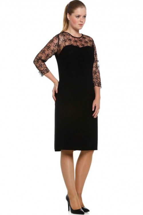 Nidya Moda Büyük Beden Kadın Siyah Roba Kol Mine Dantelli Krep  Abiye Elbise-4063S Nidya Moda Büyük Beden Kadın Siyah Roba Kol Mine Dantelli Krep  Abiye Elbise-4063S