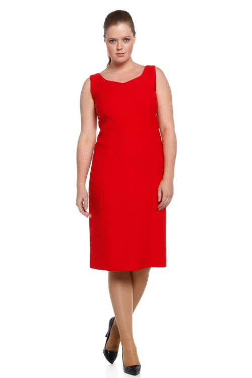Nidya Moda Büyük Beden Kadın Kırmızı Dalga Yaka Krep Abiye Elbise-4065KK