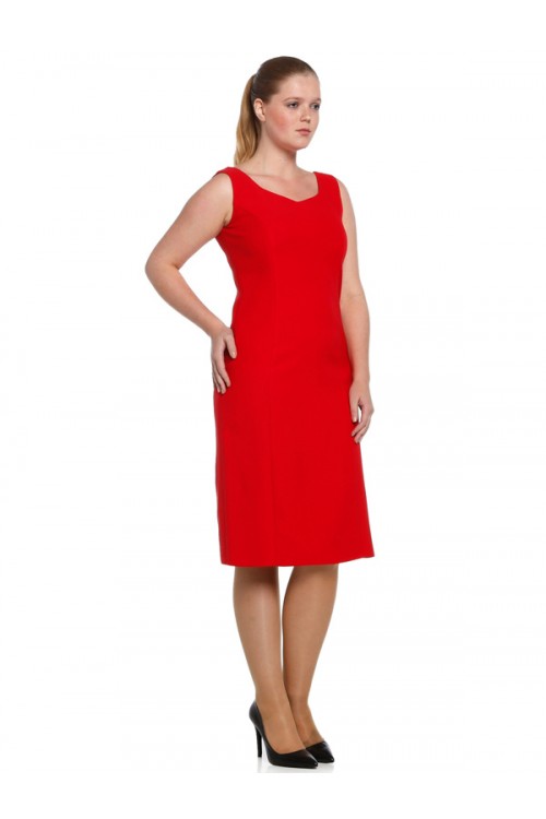 Nidya Moda Büyük Beden Kadın Kırmızı Dalga Yaka Krep Abiye Elbise-4065KK