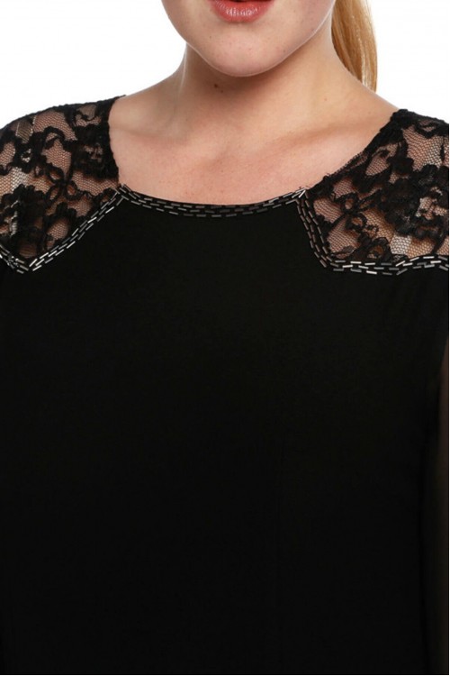 Nidya Moda Büyük Beden kadın Siyah Şifon Kol Omuz Dantel Taşlı Krep  Abiye Elbise-4066S