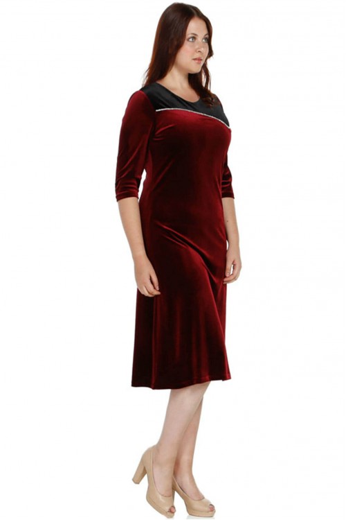 Nidya Moda Büyük Beden Bordo Roba Siyah Kombin Taş Şerit Kadife Abiye Elbise 4073B