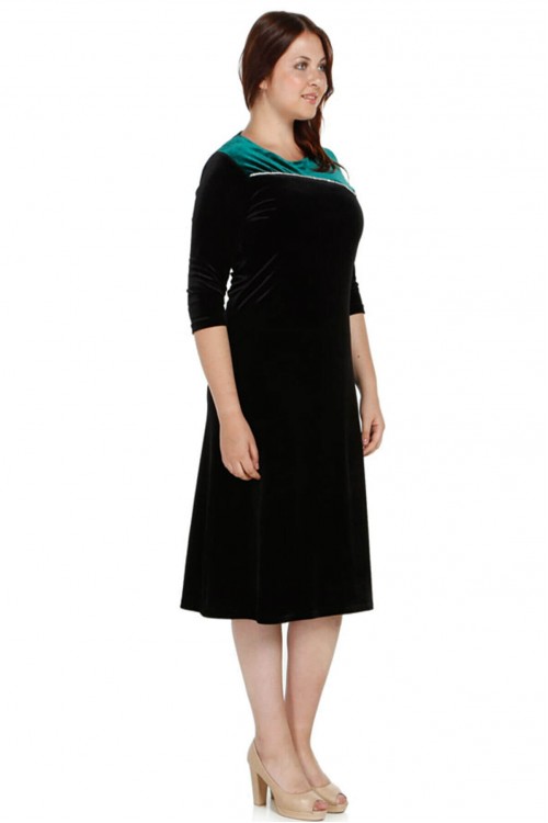 Nidya Moda Büyük Beden Kadın Siyah Roba Yeşil Kombin Taş Şerit Kadife Abiye Elbise-4073S