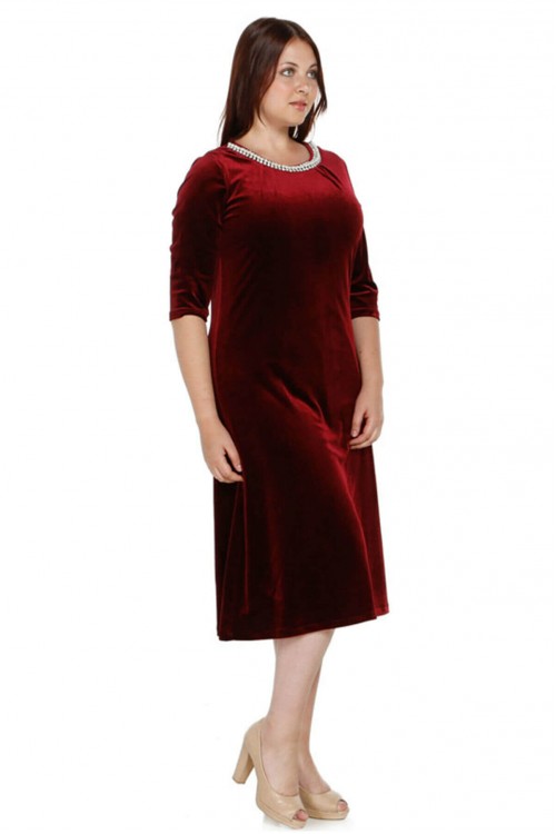 Nidya Moda Büyük Beden Kadın Bordo Yaka İncili Kadife Abiye Elbise-4074B