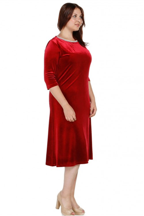 Nidya Moda Büyük Beden  Kadın Kırmızı İncili Yaka Kadife Abiye Elbise-4074K