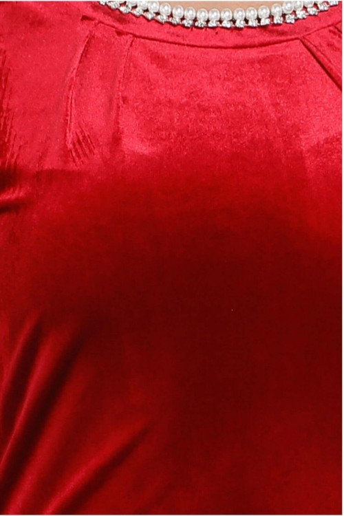 Nidya Moda Büyük Beden  Kadın Kırmızı İncili Yaka Kadife Abiye Elbise-4074K