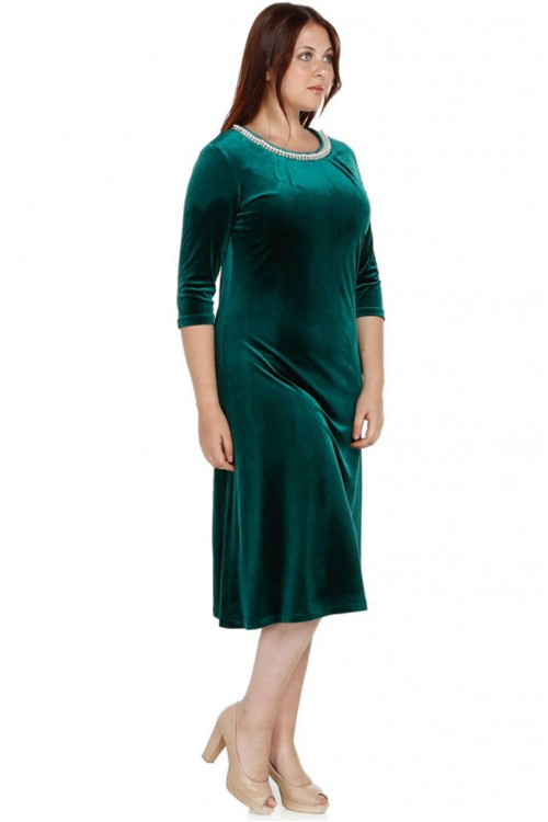 Nidya Moda Büyük Beden Kadın Yeşil İncili  Yaka Kadife Abiye Elbise-4074Y