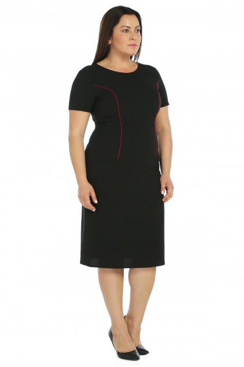 Nidya Moda Büyük Beden Kadın Siyah Parça Bordo Biyeli Krep Abiye Elbise-4085BS