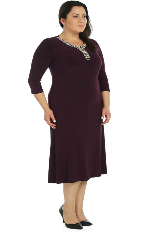 Nidya Moda Büyük Beden Kadın Mürdüm Renkli Taşlı Yaka Sandy  Abiye Elbise-4091M