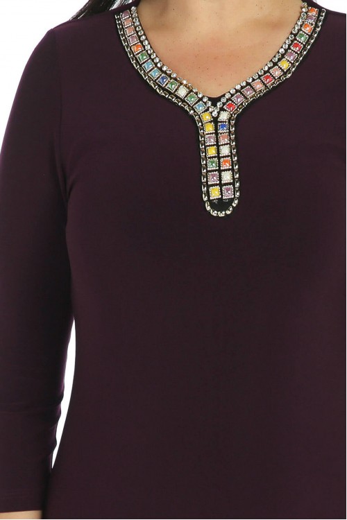 Nidya Moda Büyük Beden Kadın Mürdüm Renkli Taşlı Yaka Sandy  Abiye Elbise-4091M