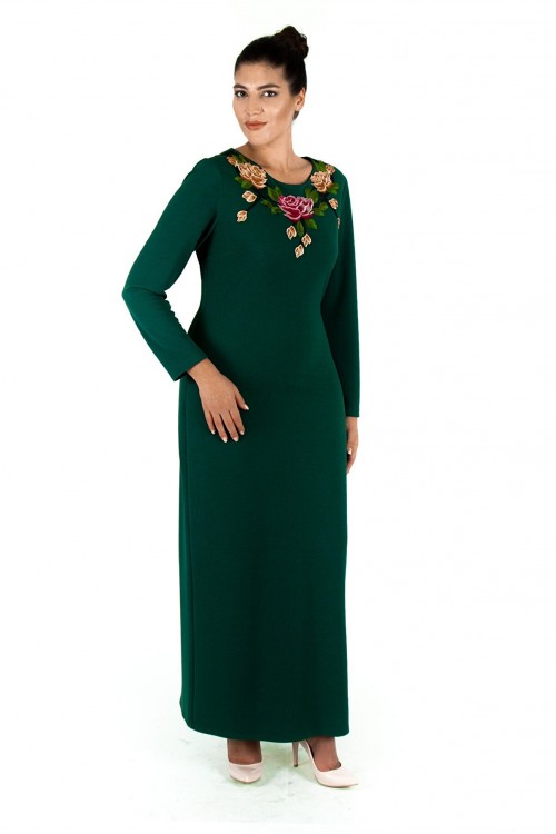 Nidya Moda Büyük Beden Kadın Yeşil Gül Aplik Yaka Örme  Uzun Abiye Elbise-4127Y