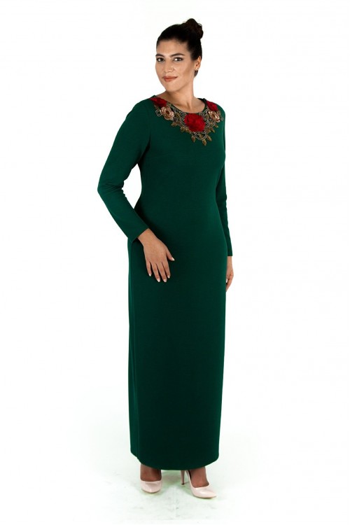 Nidya Moda Büyük Beden Kadın Yeşil Gelincik Motif Aplik Yaka Örme Uzun Abiye Elbise-4129Y