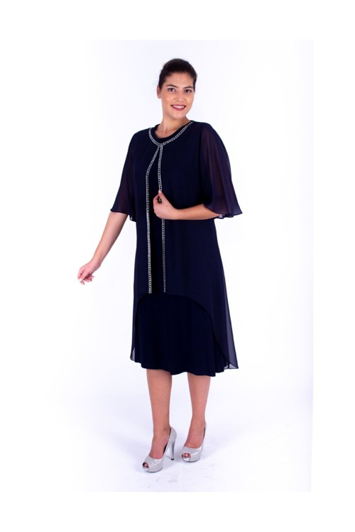 Nidya Moda Büyük Beden Kadın  Lacivert Üst Asimetrik Şifon Taşlı Sandy Abiye Elbise 4132L