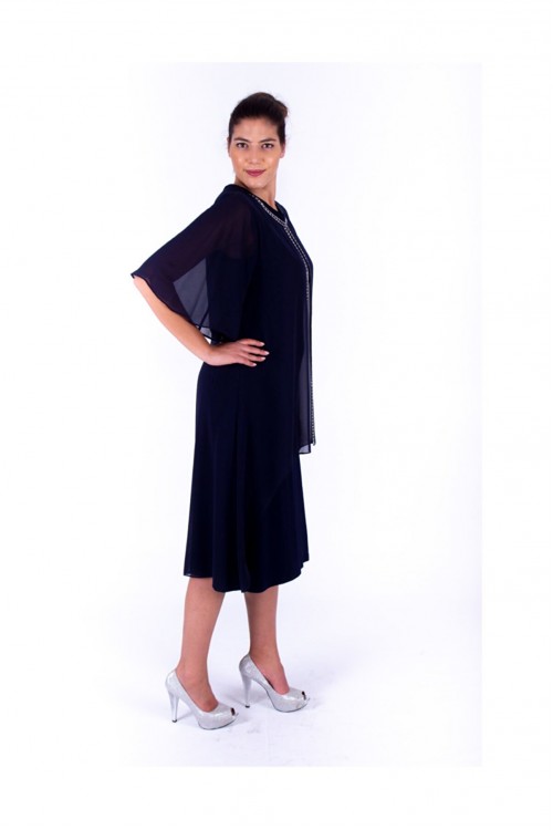 Nidya Moda Büyük Beden Kadın  Lacivert Üst Asimetrik Şifon Taşlı Sandy Abiye Elbise 4132L