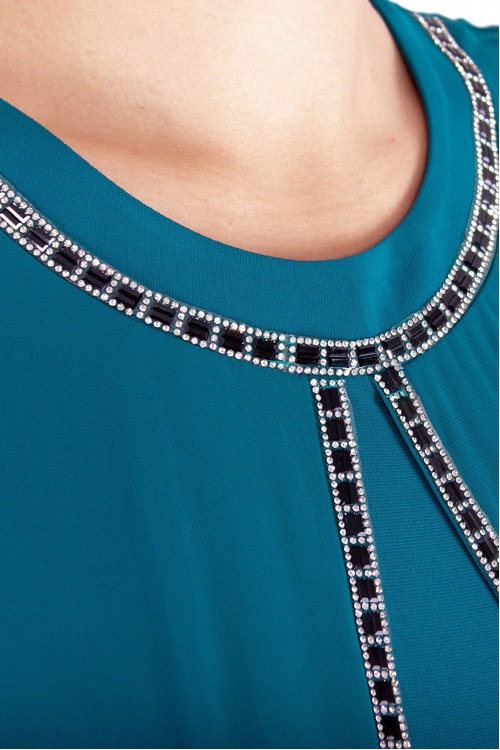 Nidya Moda Büyük Beden Kadın Petrol Üst Asimetrik Şifon Taşlı Abiye Elbise 4132P