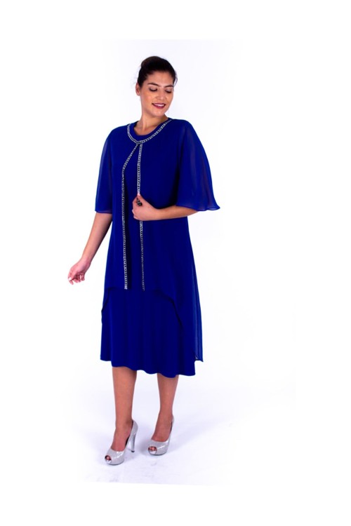 Nidya Moda Büyük Beden Kadın Saks Üst Asimetrik Şifon Taşlı Sandy Abiye Elbise 4132SX