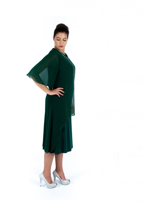 Nidya Moda Büyük Beden Kadın Yeşil Üst Asimetrik Şifon Taşlı Sandy Abiye Elbise 4132Y