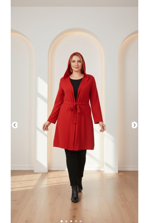 Nidya Moda Büyük Beden Kadın Kırmızı Kapşonlu Kuşaklı Sandy Spor Ceket-1016SK