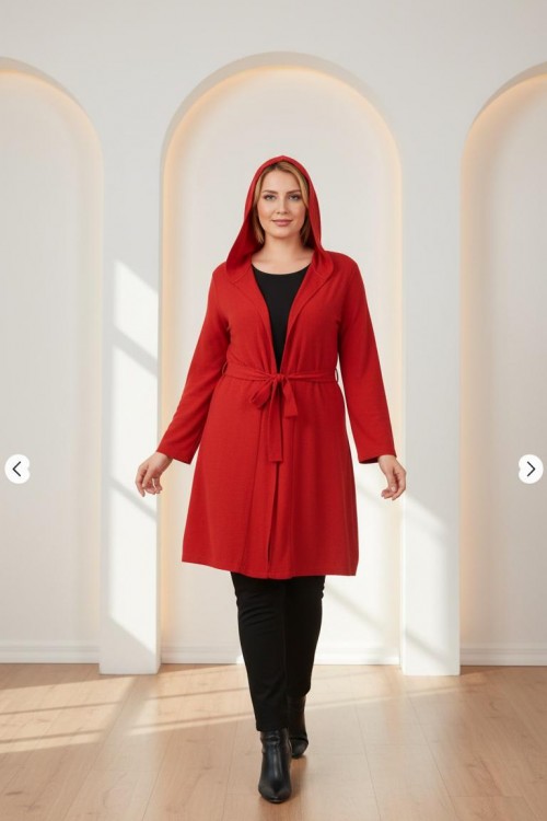 Nidya Moda Büyük Beden Kadın Kırmızı Kapşonlu Kuşaklı Sandy Spor Ceket-1016SK